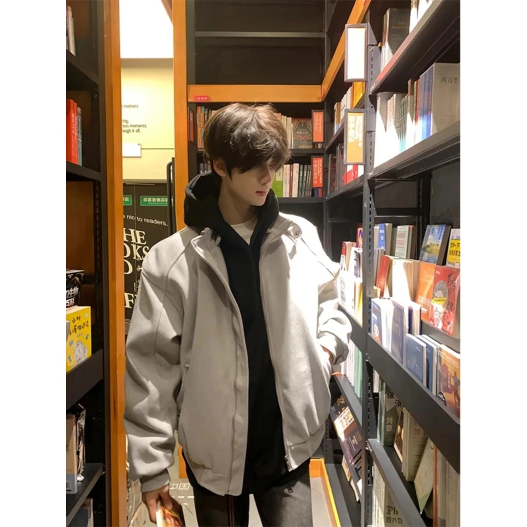 花灰色毛呢夹克棉服男款秋冬美式夹棉廓形棉衣外套短款立领棒球服