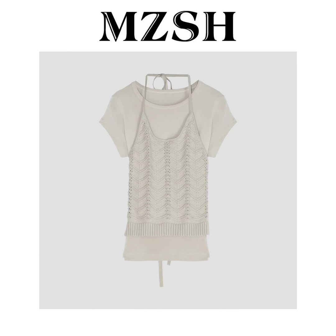 【MZSH】设计感复古挂脖假两件毛织背心T恤DLMZSH2389
