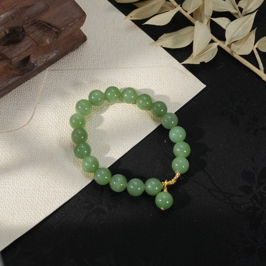 F1168 和田玉18k金镶嵌 粉绿8m18k金竹节手串 无黑点