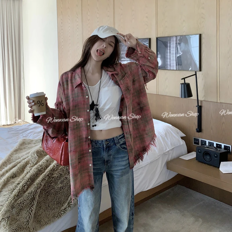 098-NO退NO换【古着红衫】红色格纹毛边垂感宽松休闲百搭长袖衬衫