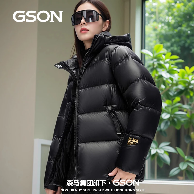 森馬集团GSON黑金短款羽绒服女冬季新款潮流小个子面包服黑色外套