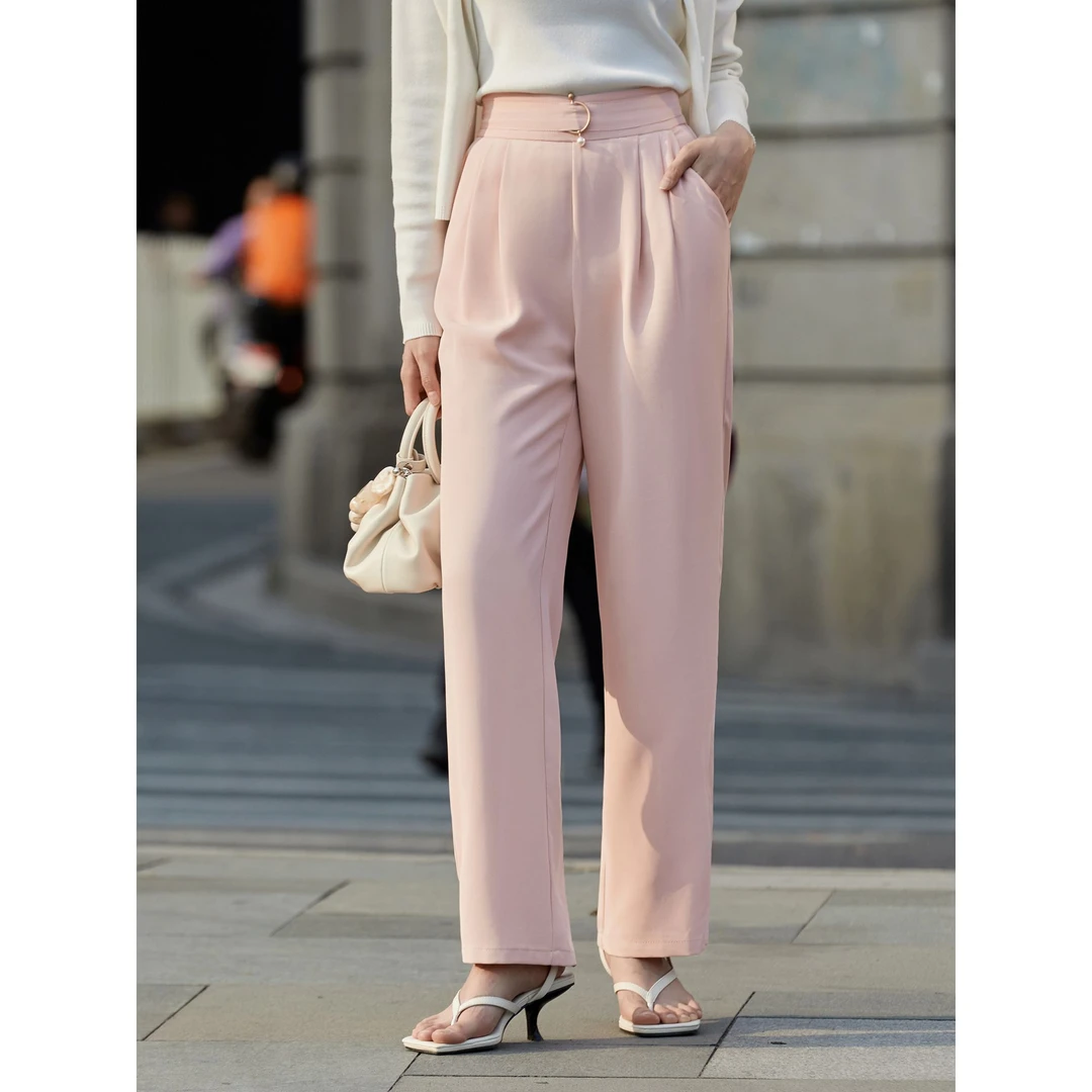 0163柒量一裁小个子粉色高腰直筒裤百搭上班休闲裤宽松显瘦裤子女