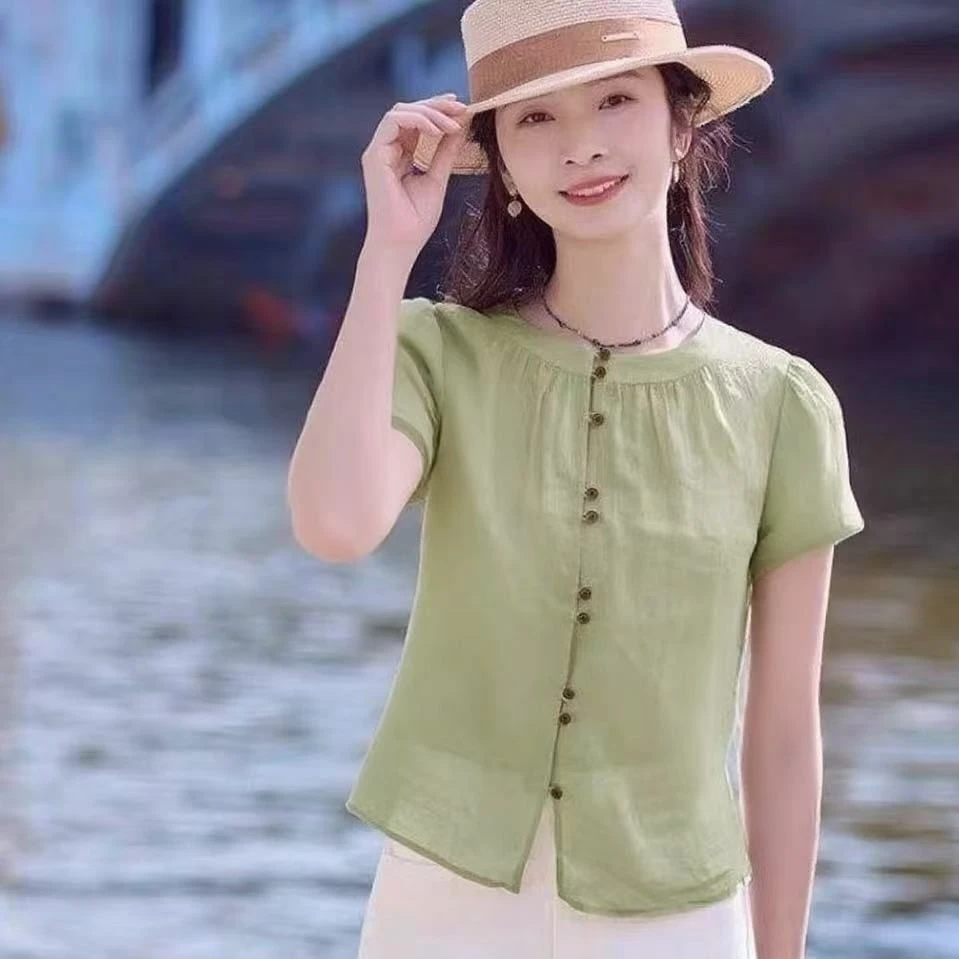 新款女士七分袖纯棉衬衫宽松休闲夏季百搭小衫