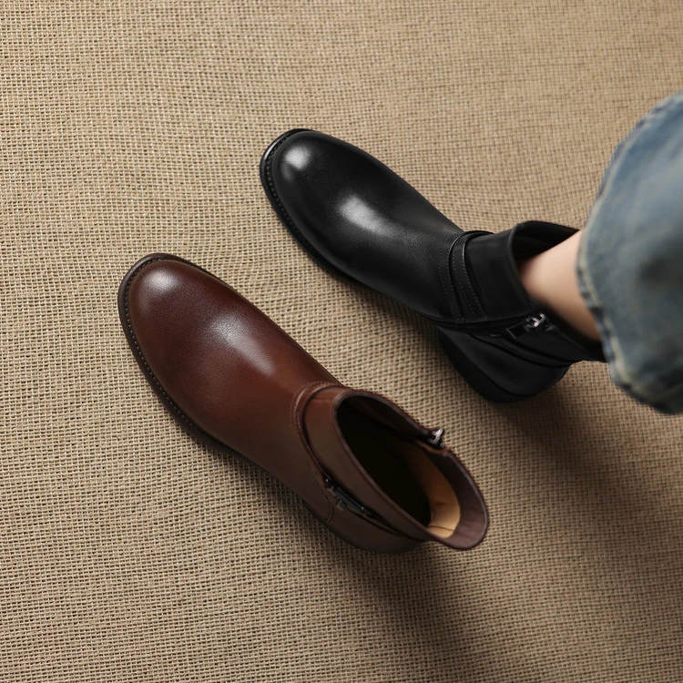 跟高4cm 英伦风通勤休闲百搭粗跟短靴春秋韩版简约时尚侧拉链短靴