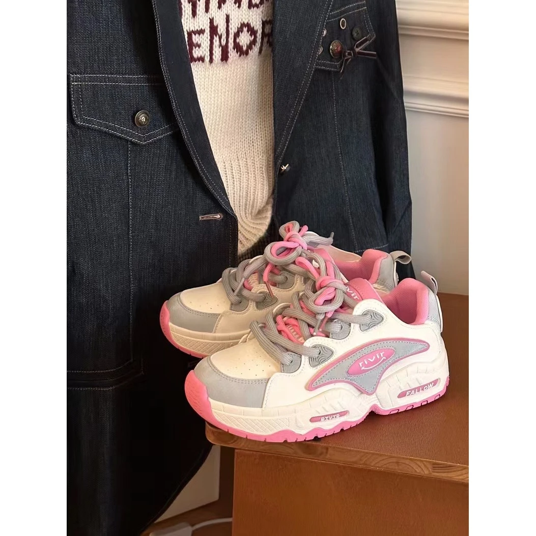 XY-A120米粉 厚底运动休闲鞋女2024新款潮流百搭复古小白鞋面包鞋