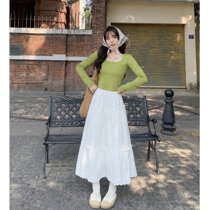 大码胖mm2025春夏假两件蕾丝拼接长袖上衣白色蕾丝半身裙甜美穿搭