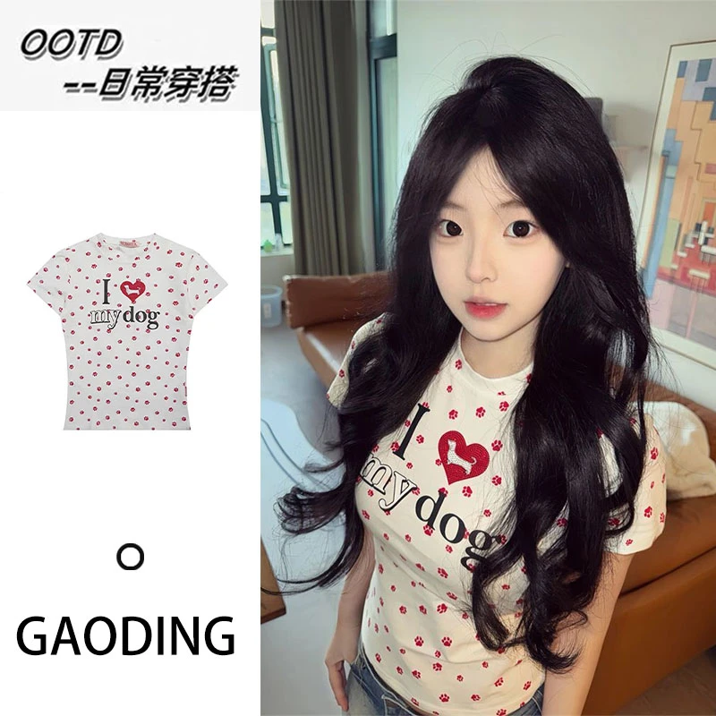 韩系甜妹风白色狗爪满印T恤女夏季新款高级感修身显瘦短款上衣ins