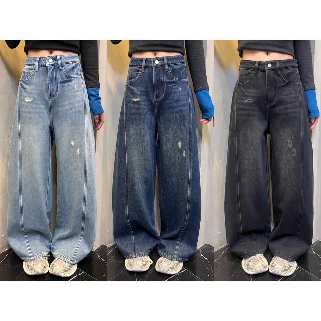 范范与凡凡【城市游牧】冬季厚绒闪电纹解构设计百搭垂感显瘦牛仔裤