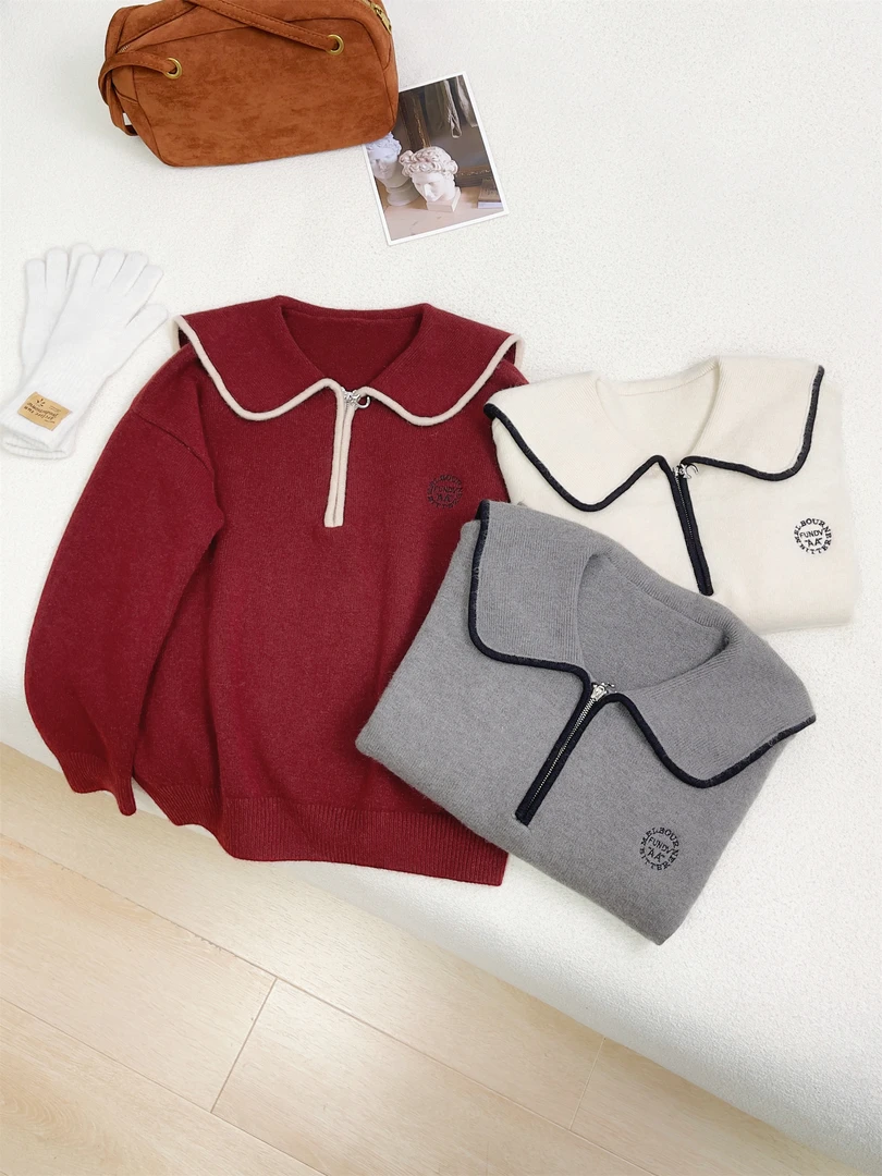 【女王洛克】韩版洋气海军领半拉链绵羊毛针织衫百搭显瘦毛衣LK8964