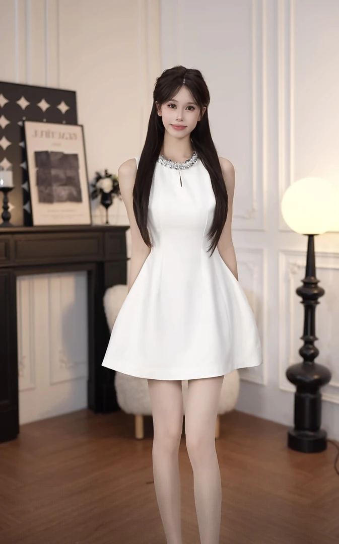 小小仟 高级感轻奢优雅千金亮片镂空A字花苞无袖连衣裙