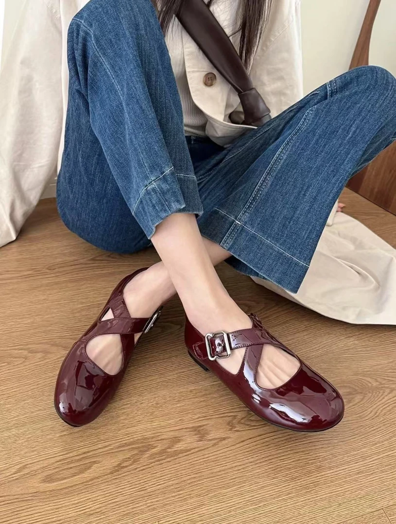 【聚新汇】206-1夏款新款百搭真皮玛丽珍鞋平底一脚蹬浅口单鞋