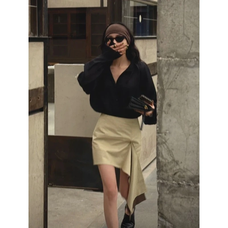 黑色衬衫女高级夏季2025新款法式设计感小众通勤长袖衬衣别致上衣