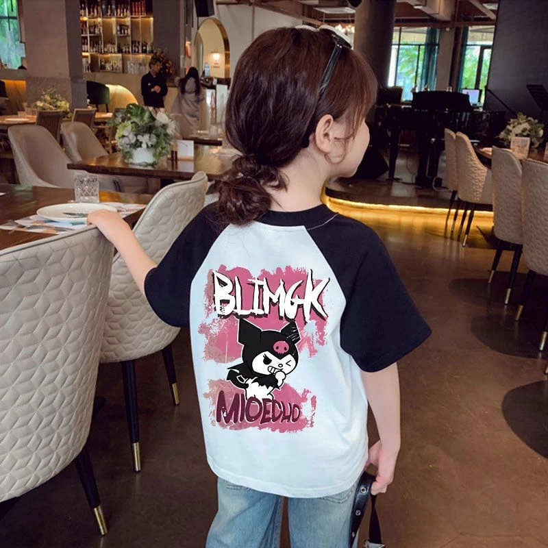 女童纯棉短袖t恤2025新款夏季儿童洋气卡通库洛米插肩袖拼色上衣