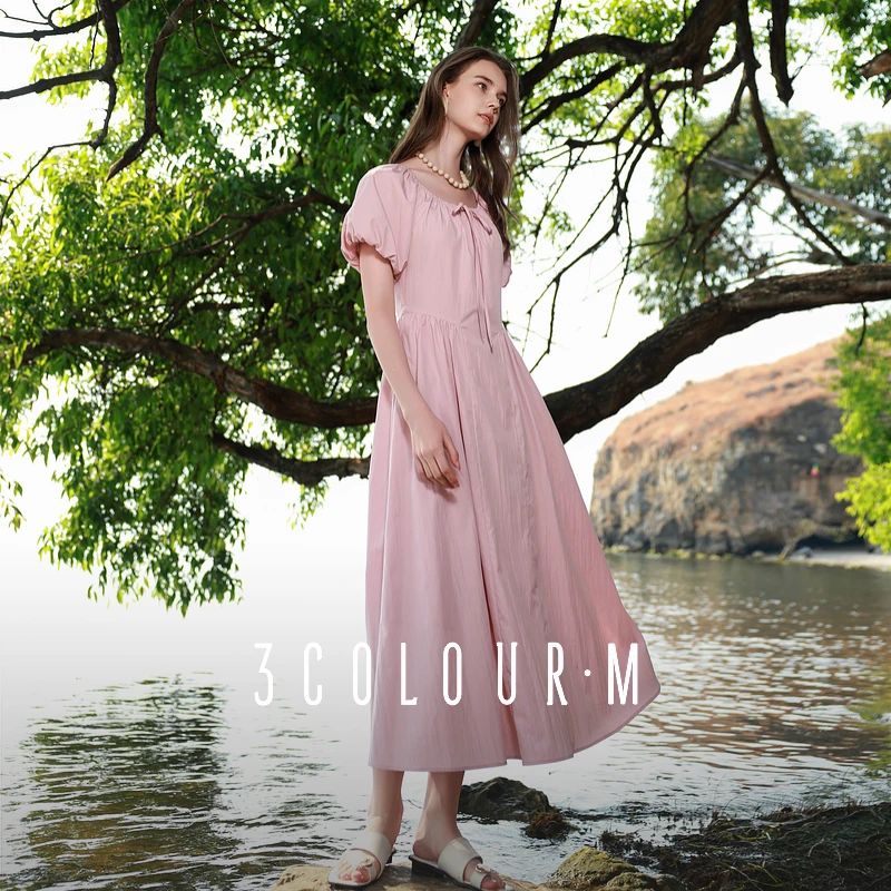 三彩2025夏季新款纯色连衣裙收腰A字裙灯笼袖长裙系带M