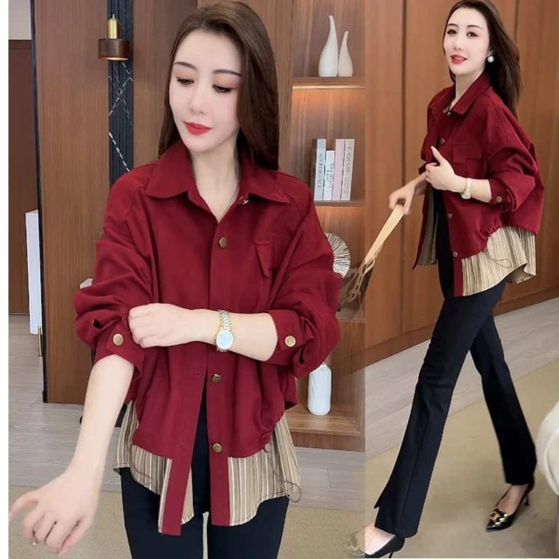 大码女装外套简约拼接百搭休闲气质时尚减龄秋季2024显瘦修身