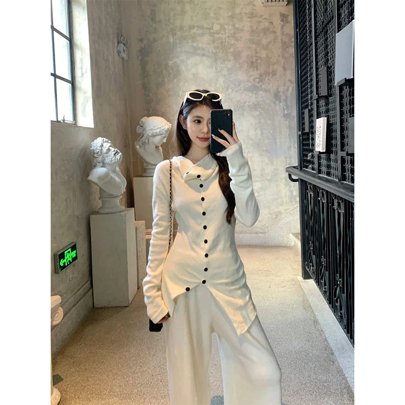 秋冬新款温柔气质御姐范修身长袖毛衣开衫阔腿休闲长裤两件套装女