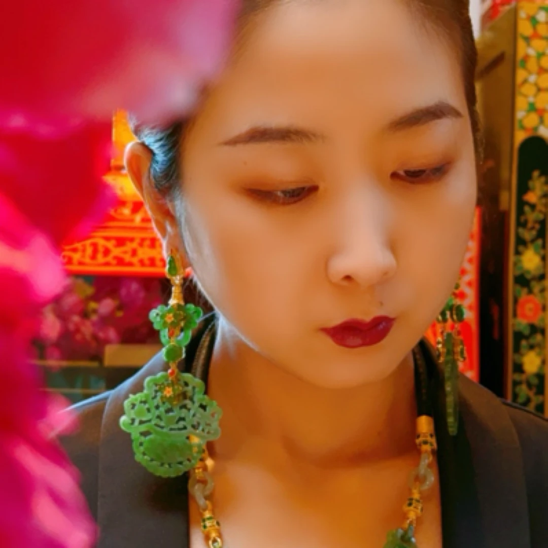 原创设计天然碧玉镂空雕繁花似锦花开富贵高级大耳环/耳坠/耳饰