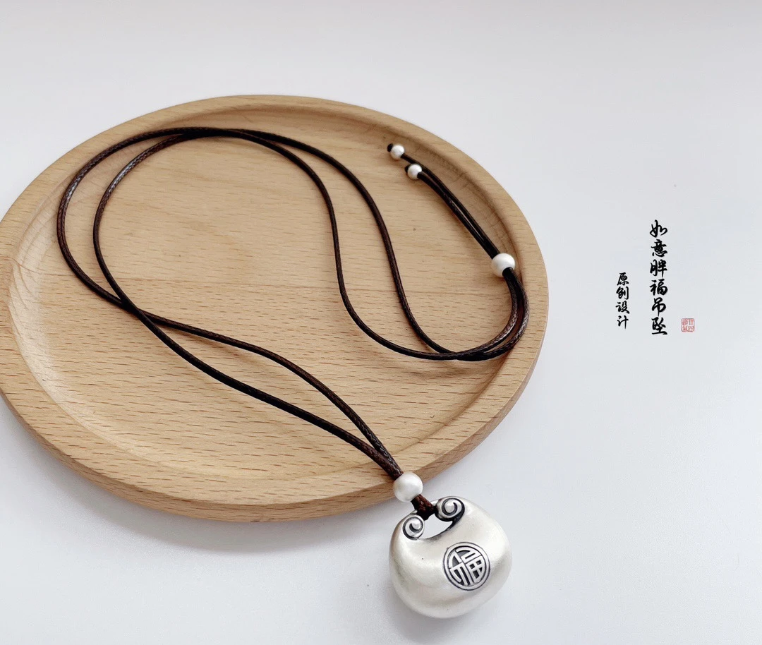吊坠足银 999复古银饰DIY项链可调节项链时尚暴富胖福男女情侣款