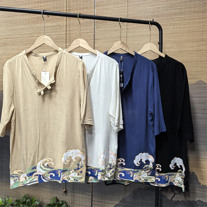 25A8A3新中式V领亚麻短袖t恤中国风棉麻垂感盘扣体恤休闲复古上衣