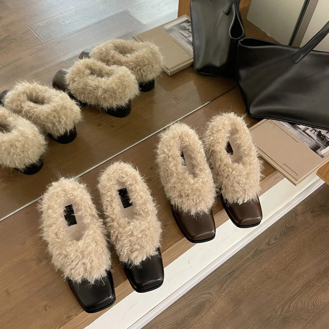 DZ-6033-1方头毛毛鞋一脚蹬复古加绒保暖小皮鞋棉鞋粗跟单鞋女鞋