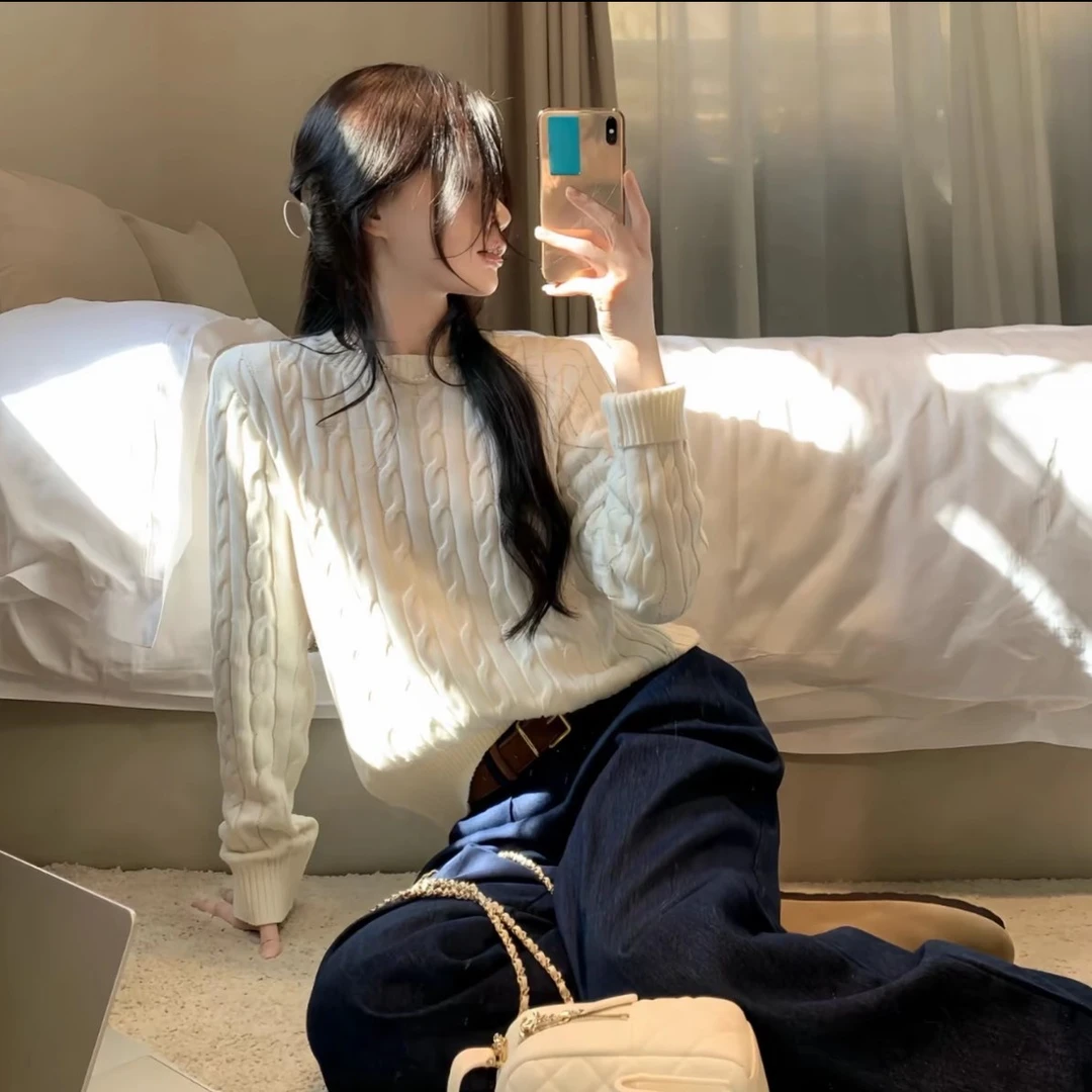 秋冬新款圣诞红复古圆领麻花宽松套头长袖针织打底衫女