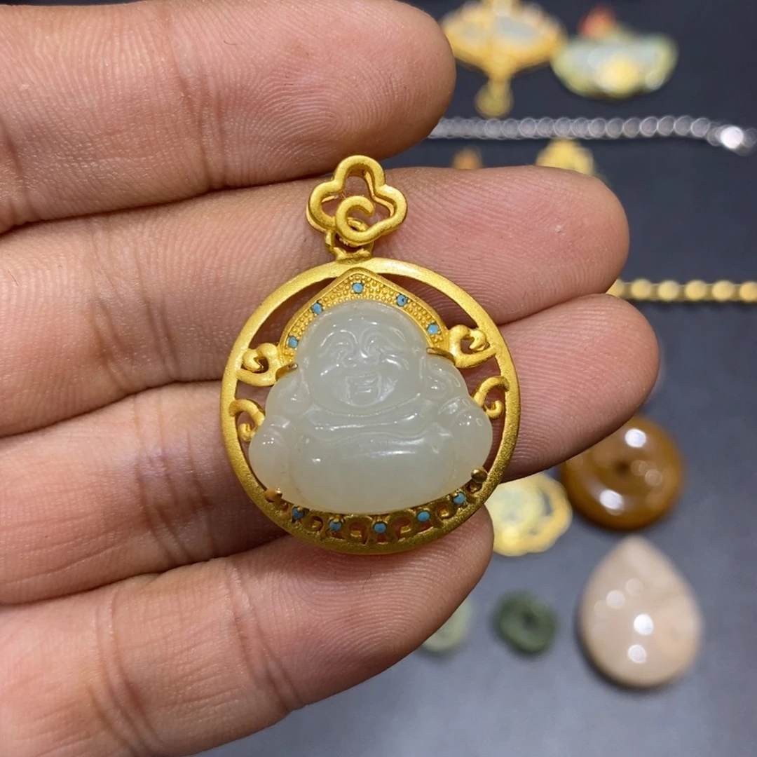 和田玉颈饰银S925镀金镶嵌