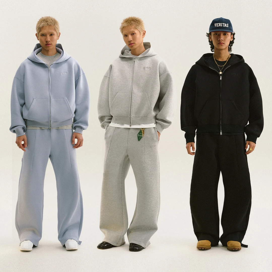 MOONWAV双拉链开衫空气层连帽卫衣外套+弯刀卫裤休闲套装两件套秋