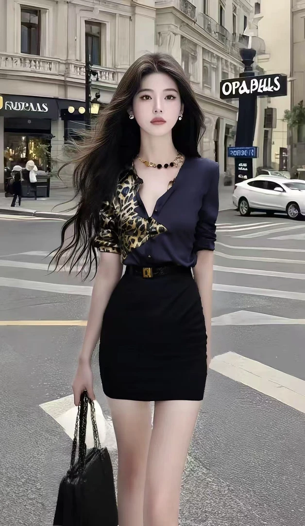 轻奢时尚高级撞色短袖衬衫别致设计感上衣+黑色包臀显瘦半身裙女