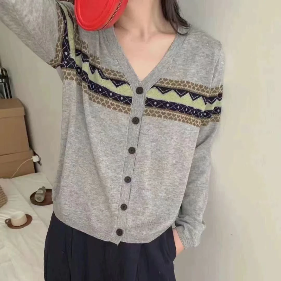 时尚拼色点缀美丽诺羊毛宽松长袖V领针织开衫毛衣女外套9473