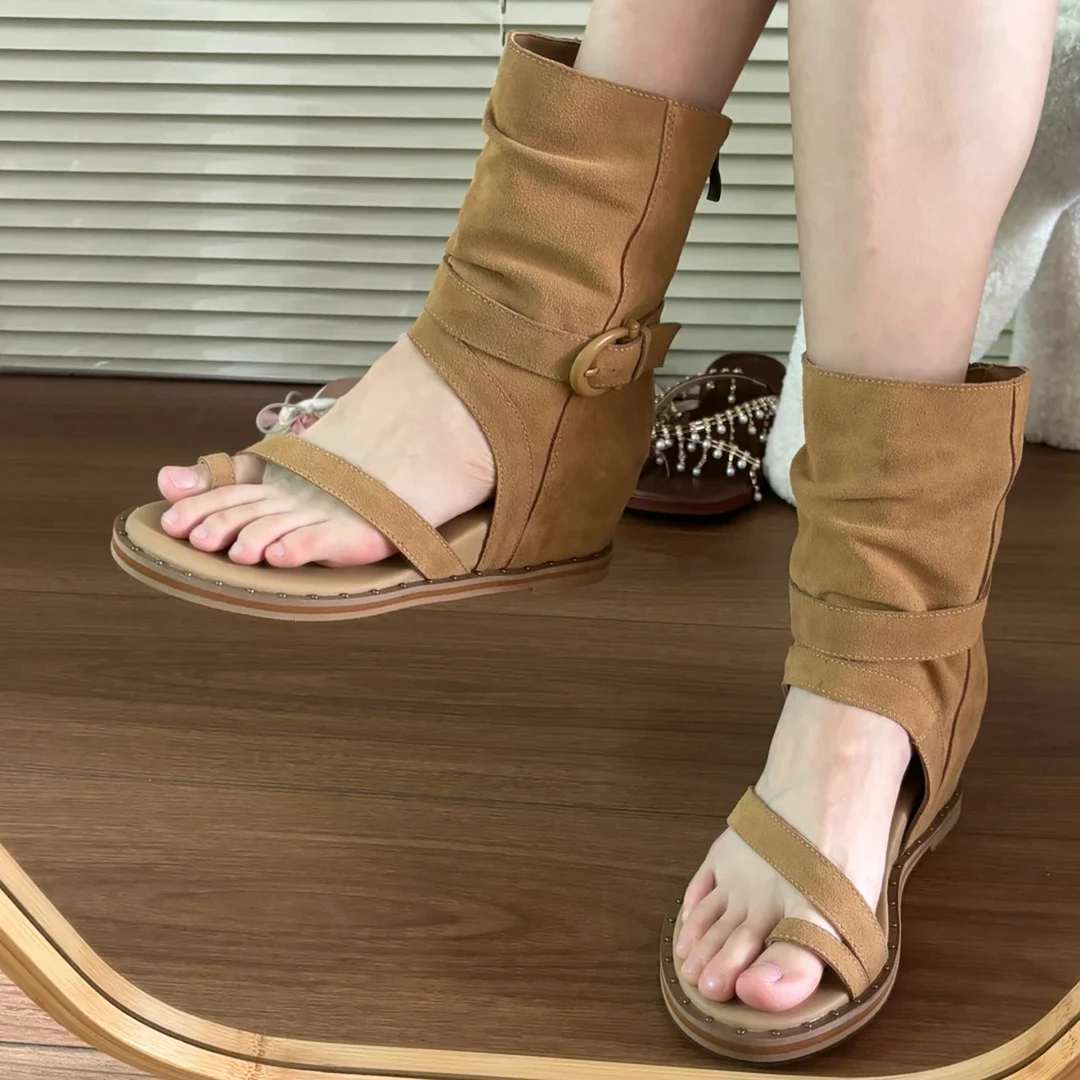 【品牌正品】DR牛皮版~复古夹趾内增高凉靴女夏季高帮凉鞋百搭度