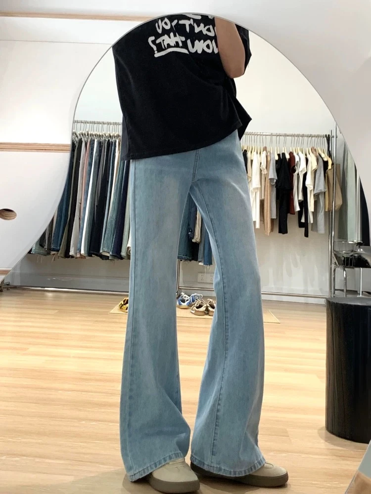 复古浅蓝阔腿喇叭裤女宽松显瘦高腰