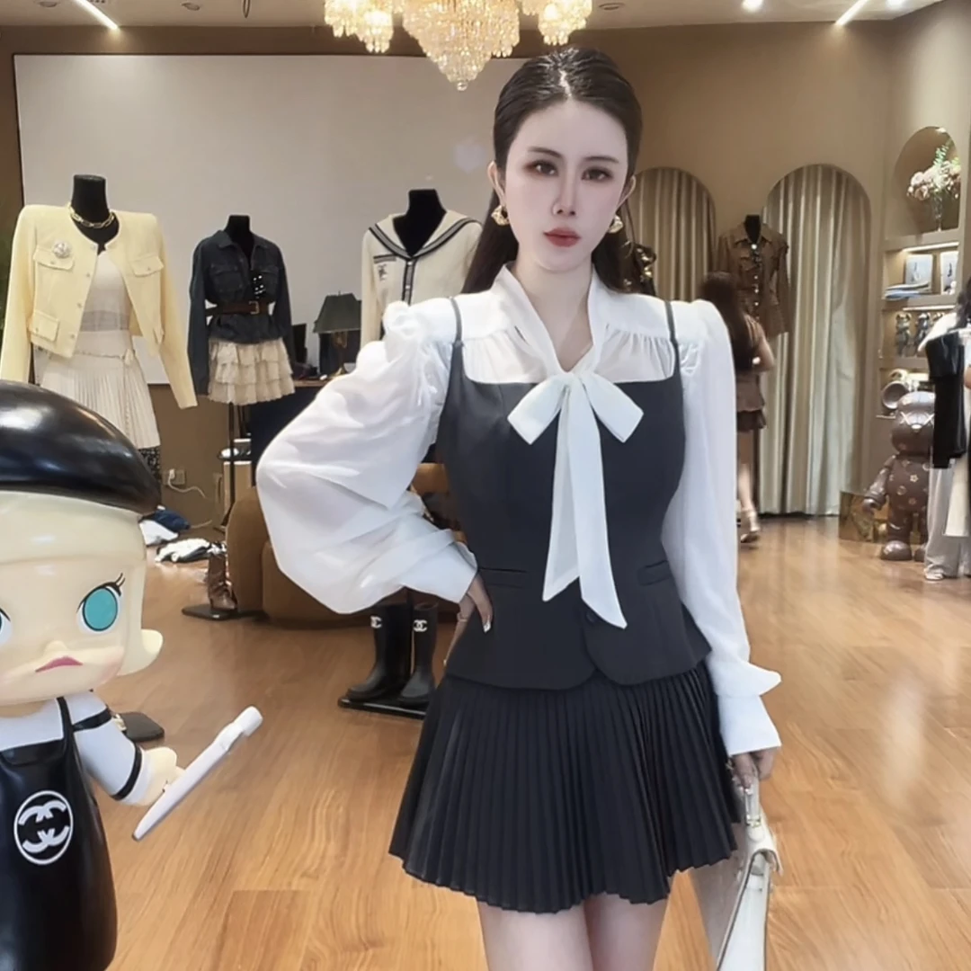 订制系带衬衫➕吊带➕百褶裙三件套西装面料套装(8-25039)