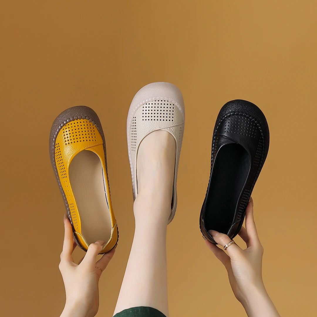 头层牛皮镂空舒适百搭轻便女满中跟中年洞洞鞋单鞋夏季女鞋平底
