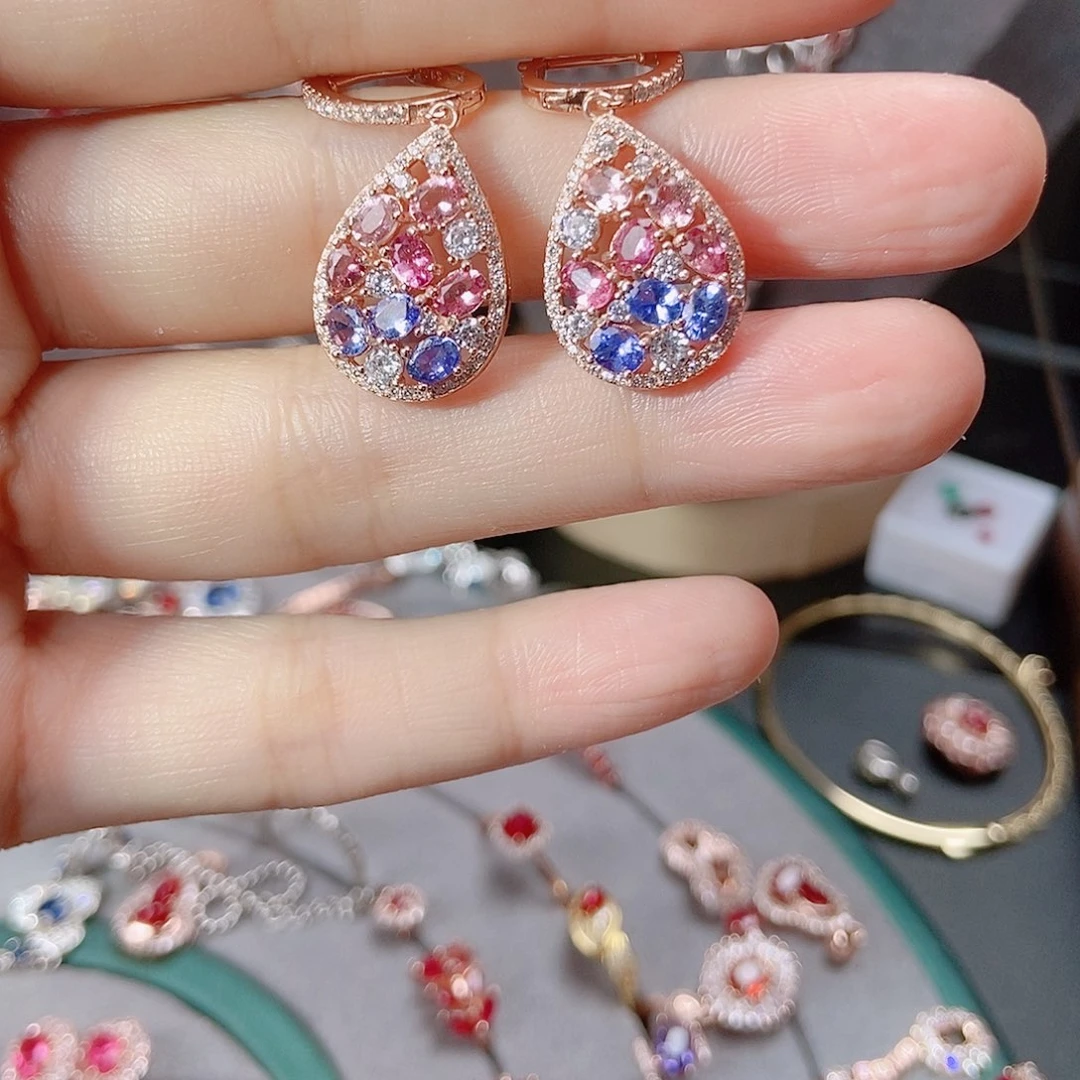 红色碧玺耳饰银S925镶嵌