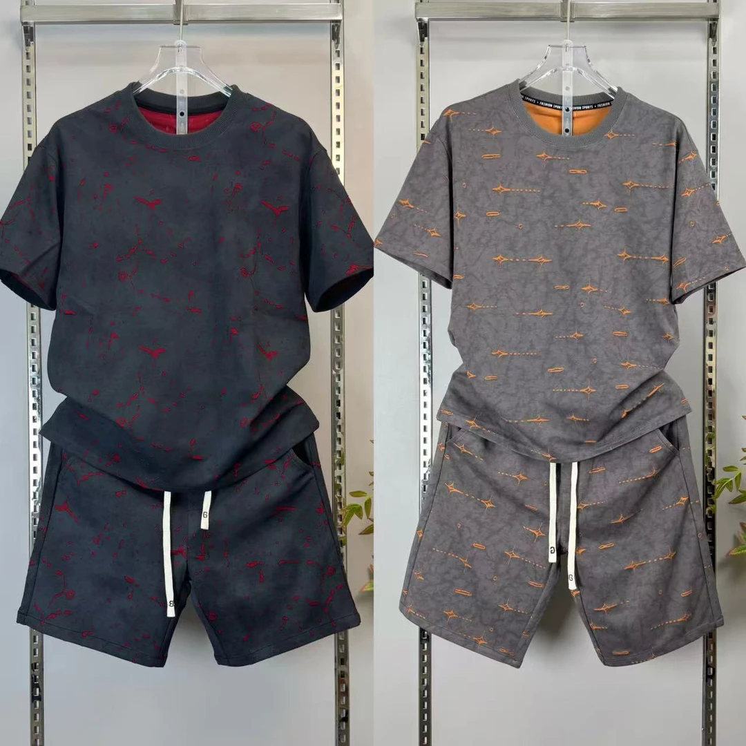 夏季男士薄款烧花短袖T恤宽松短裤时尚休闲套装圆领半袖潮牌俩件