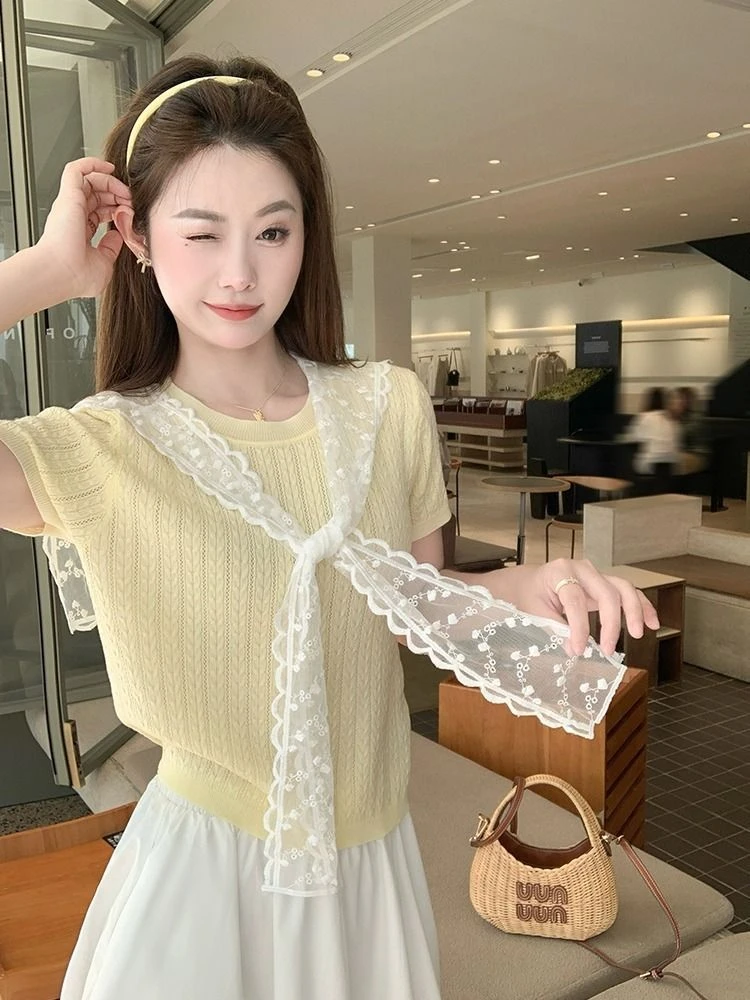 【黄色】甜美蕾丝披肩针织短袖T恤薄款设计感小众洋气减龄正肩上衣