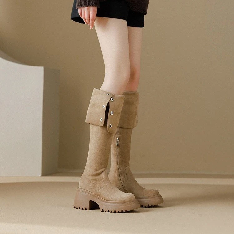 美拉德高跟翻折式过膝长靴女厚底粗跟增高骑士靴2025秋冬新款加绒