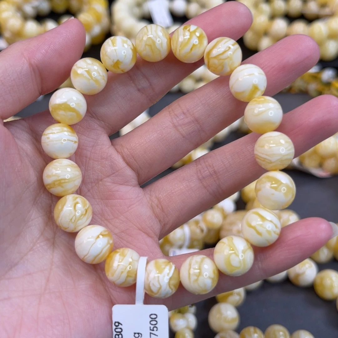喜***道蜜蜡未镶嵌手串10.5mm金线虎皮漆瓷白