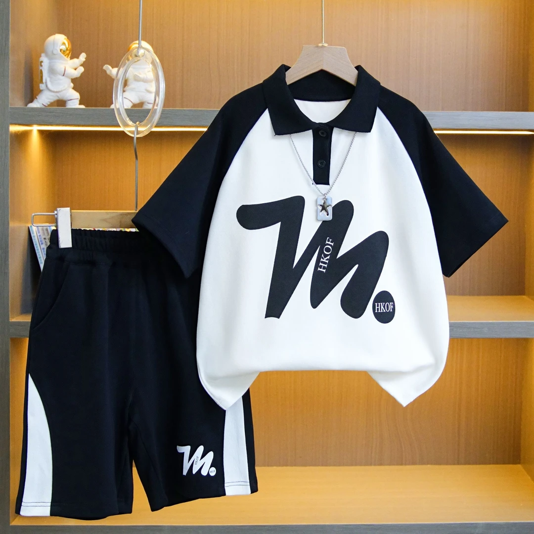 儿童百搭字母立体印花翻领Polo衫套装夏季休闲短袖童装jz015