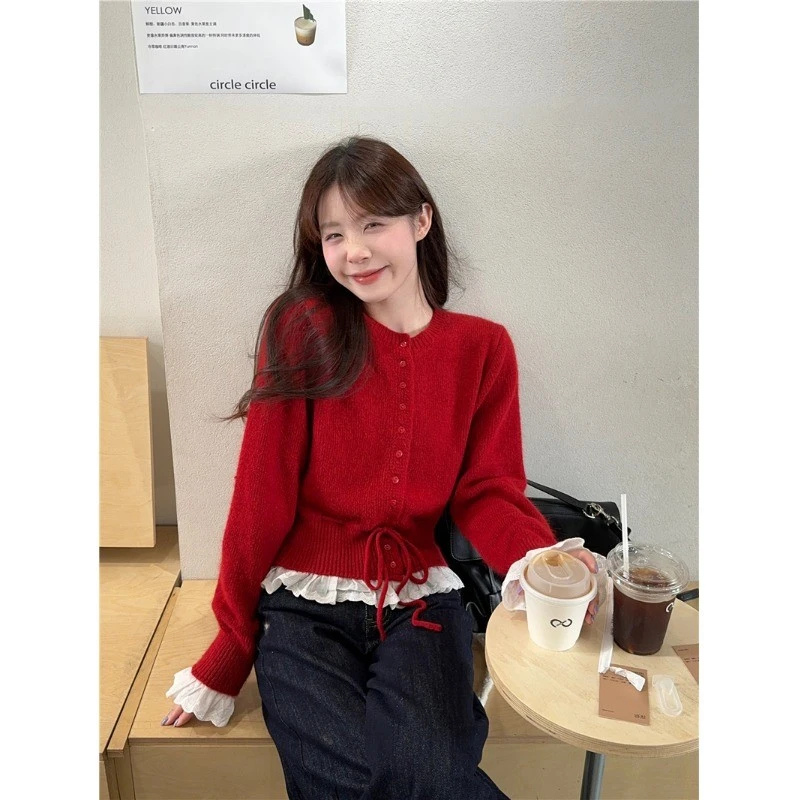 芭蕾少女新年红色秋冬毛衣春秋甜美设计感荷叶边独特漂亮小衫上衣