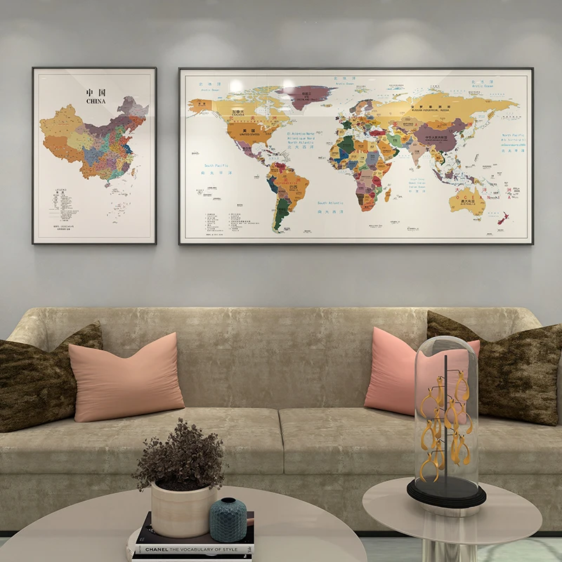 轻奢简约世界中国旅行足迹地图磁吸标记可冰箱贴客厅沙发背景挂画