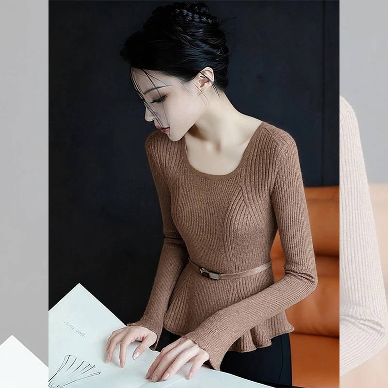 独特漂亮内搭花边小衫女装韩系秋冬季洋气高贵驼色方领针织衫上衣