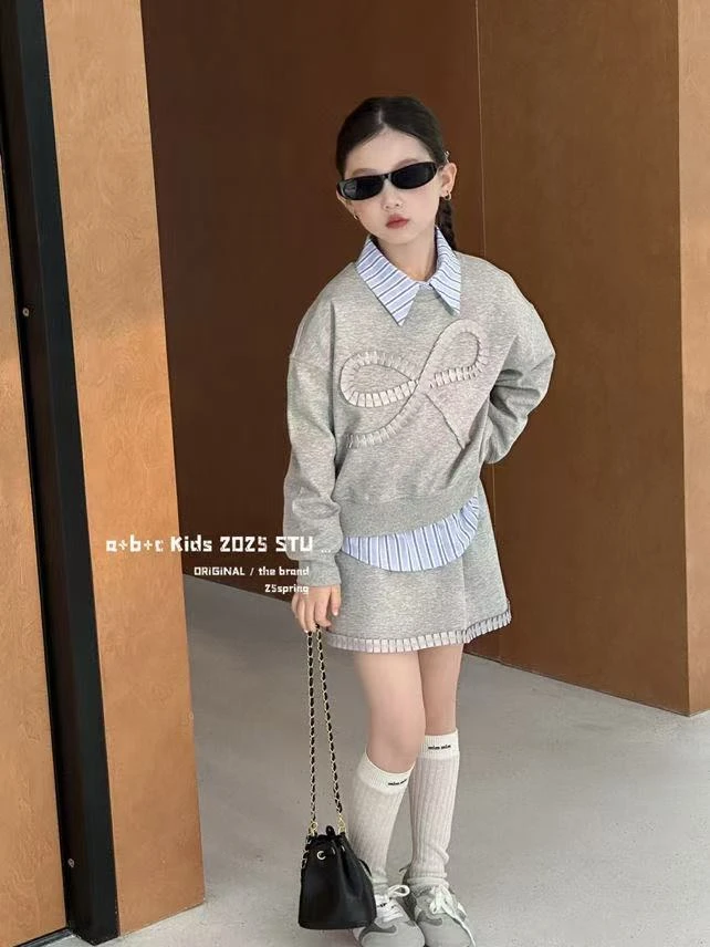 【豪宝贝】2025春款条纹衬衫蝴蝶结三件套6105