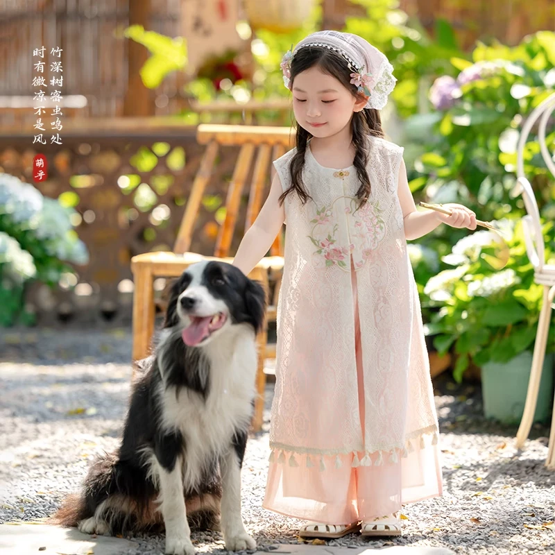 汉服女童新中式马甲裤子三件套2025夏季新款薄款短袖儿童中大童潮
