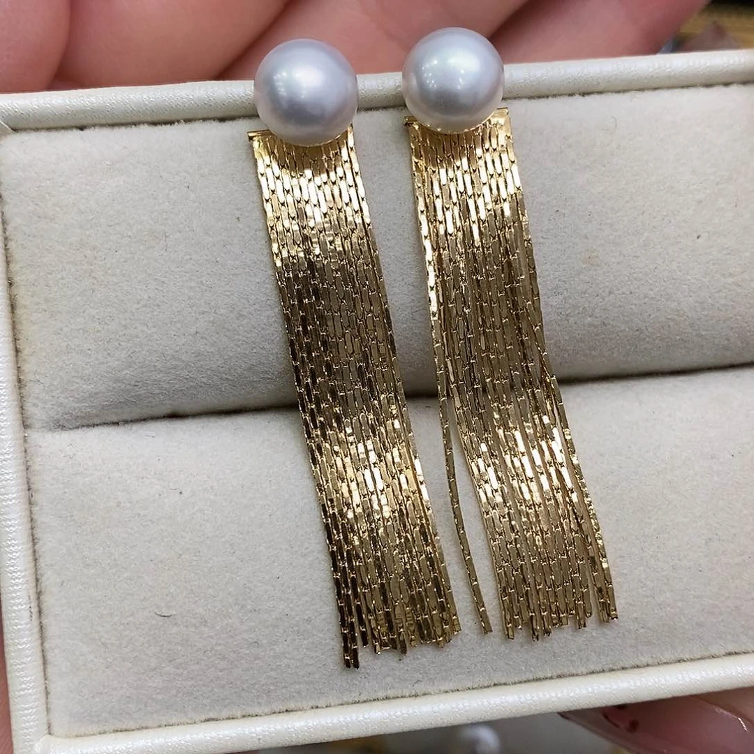 合金耳饰淡水珍珠两用流苏款8-9