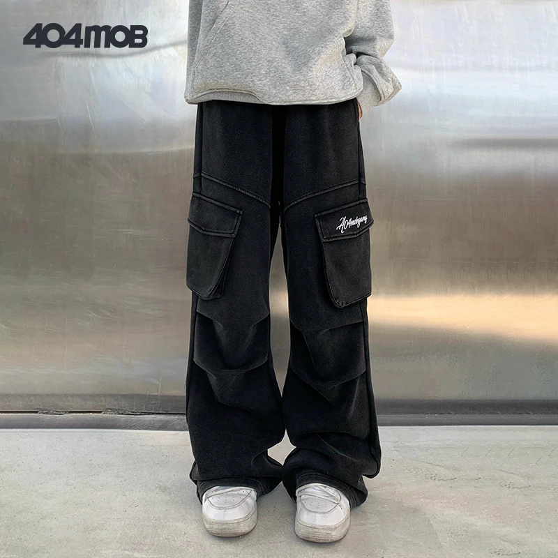 404MOB痞帅复古刺绣大口袋褶皱工装裤男重磅做旧高级感休闲长裤女