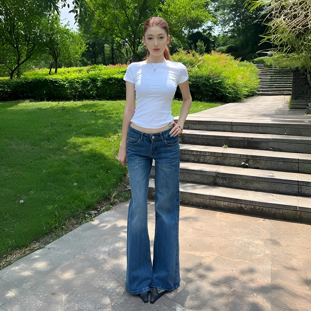 美式深蓝竹节纹低腰微喇牛仔裤女夏季新款高个子宽松显瘦喇叭裤子