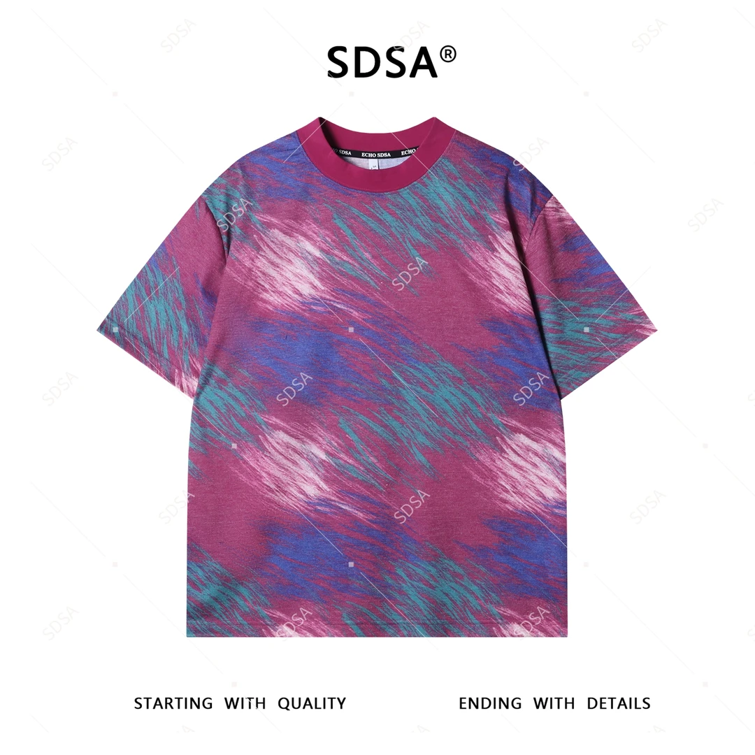 SDSA夏季新款男士痞帅扎染撞色印花短袖T恤小众设计圆领宽松上衣