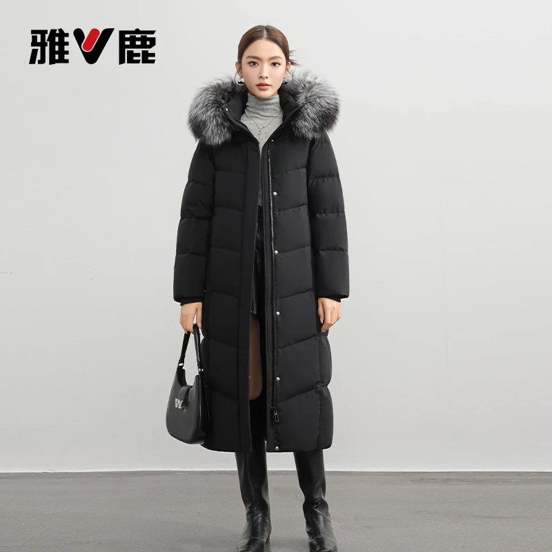 雅鹿新款白鸭绒保暖冬季中长款女士韩版羽绒服加厚大毛领
