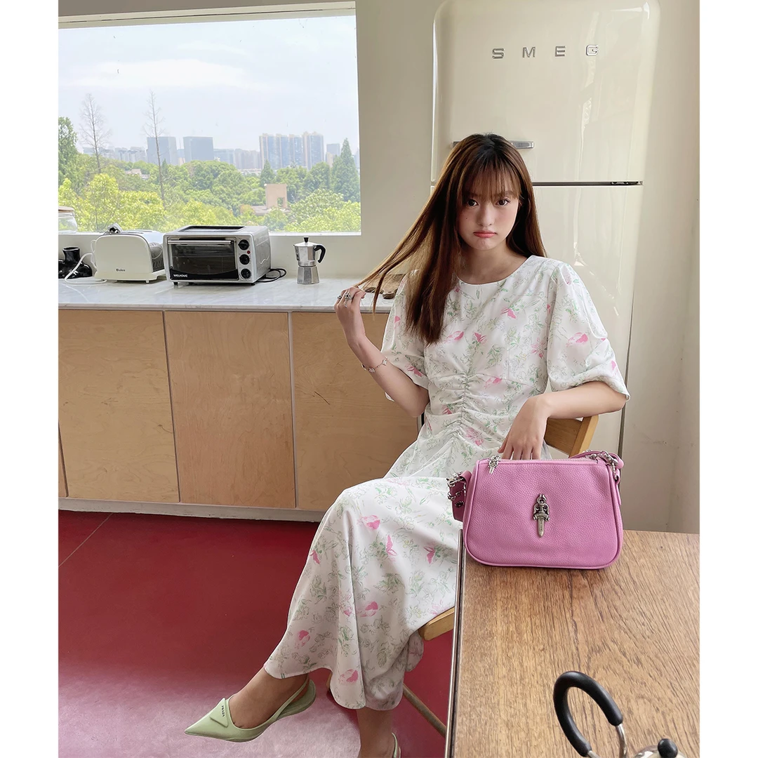 晶咕白标~长款前抽褶气质花色连衣裙女夏季大码收腰遮肉裙子